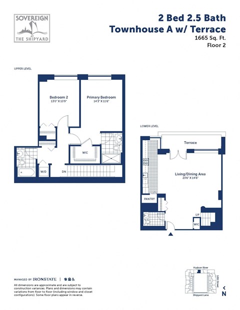 Floor plan for 2 beds, 2.5 baths, 1665 sqft